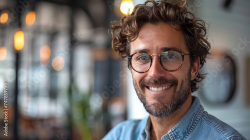 An adult male with curly hair and glasses smiling with confidence in a contemporary café