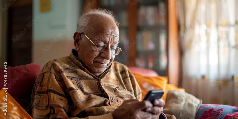 An elderly Indian grandfather sitting in an armchair, using a smartphone for news and communication.