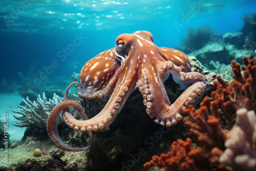 Reef Octopus Swimming Over Sandy Sea floor © wendi