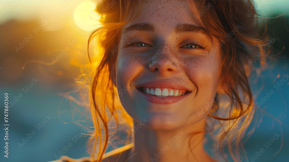 Close-up of a joyful woman with sunlight casting a warm glow on her freckled face Close-up of a joyful woman with sunlight casting a warm glow on her freckled face