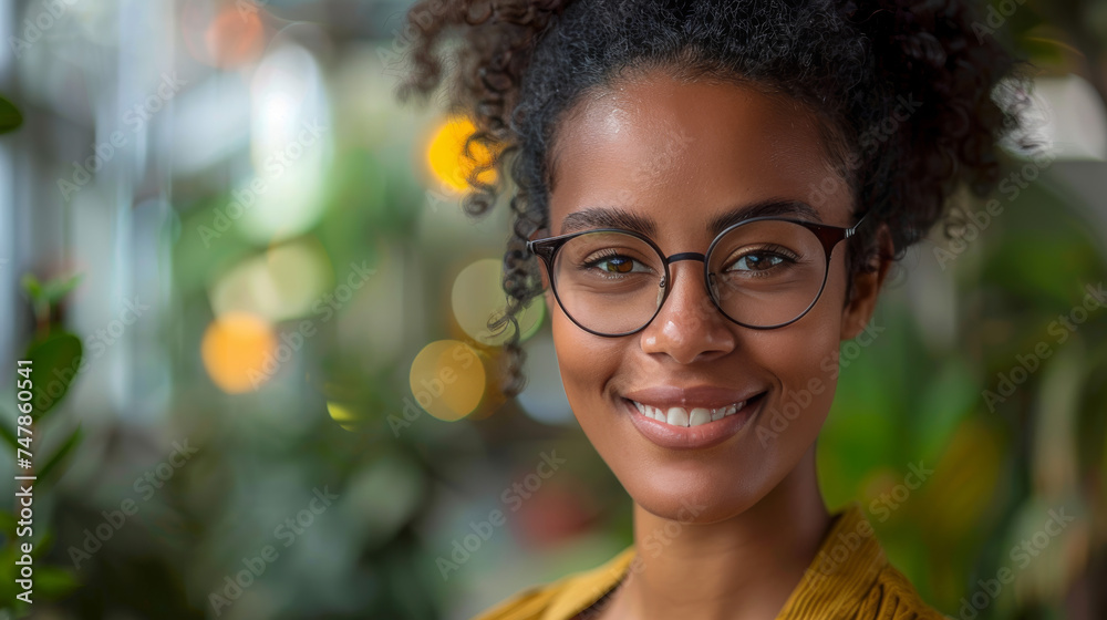 Smiling woman with stylish glasses and a warm ambiance in a plant-filled space Smiling woman with stylish glasses and a warm ambiance in a plant-filled space