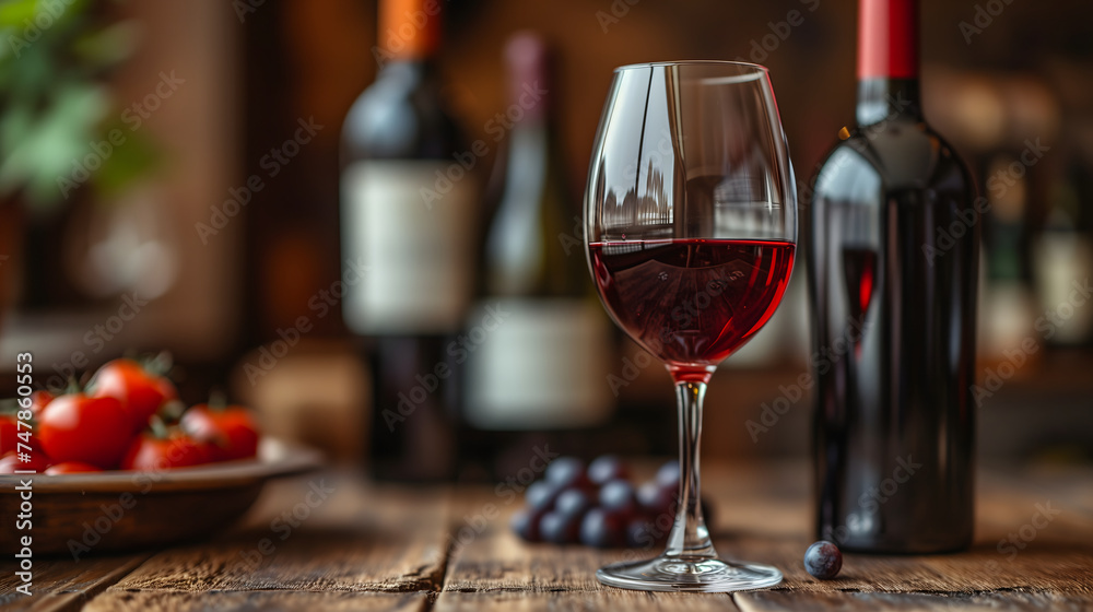 Glass with red wine and wine bottle on the right over a wooden table in the pub background with copy space. Neural network generated image. Not based on any actual scene or pattern. Glass with red wine and wine bottle on the right over a wooden table in the pub background with copy space. Neural network generated image. Not based on any actual scene or pattern.