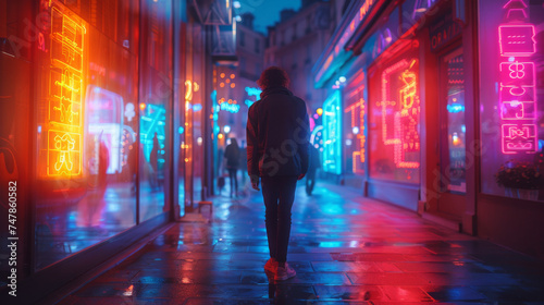 Moody, atmospheric shot of a person walking alone through neon-lit streets in a city at night