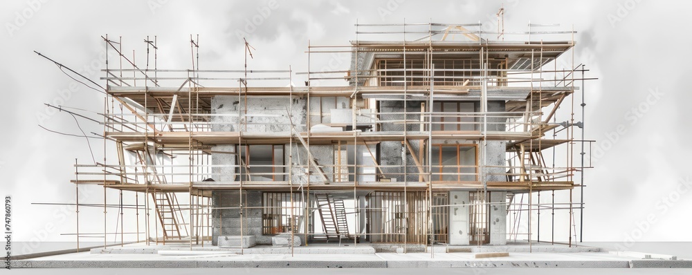 Scale model of a residential building with scaffolding. Neutral backdrop with detailed texture.