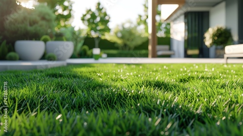 Green mown lawn with fresh grass with blurred background of a modern private house and flower garden.