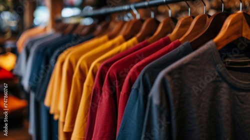 Multiple shirts in various colors and styles are neatly lined up and hanging on a clothing rack