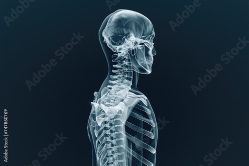 A detailed close-up photo showcasing the bones of a human skeleton, clearly visible and distinct, Three-dimensional visualization of a back X-ray, AI Generated © Iftikhar alam