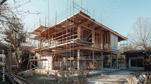 Contemporary home under construction with an intricate wooden structure and surrounding scaffolding in a suburban setting