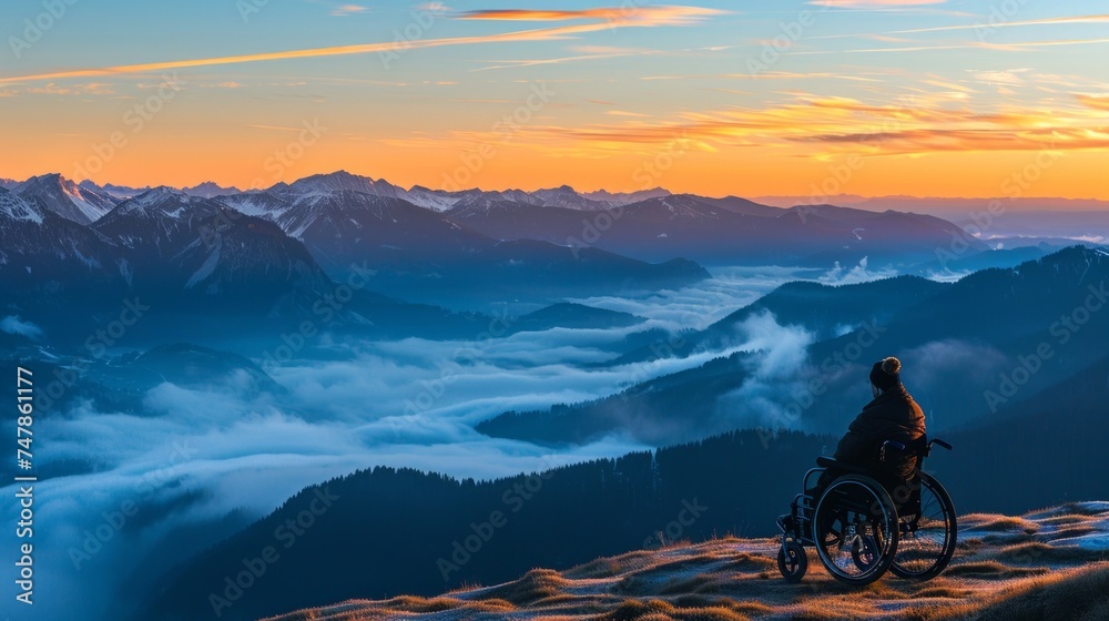 Fototapeta premium A person in a wheelchair conquers a mountain summit, showcasing resilience and determination in overcoming physical challenges