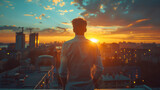 A contemplative man standing on a rooftop, gazing at the city skyline against a stunning sunset