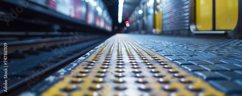 Subway platform perspective with tactile paving and motion-blurred train. Urban transportation concept with a focus on accessibility photo