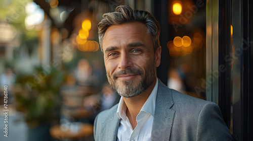 Sophisticated middle-aged man with a friendly and confident smile near a café window photo