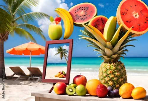 summer display with colorful tropical fruits with beach and parasol-