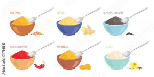 Powders in bowls, spoons. Set of spices and seasonings. Vector cartoon flat illustration.