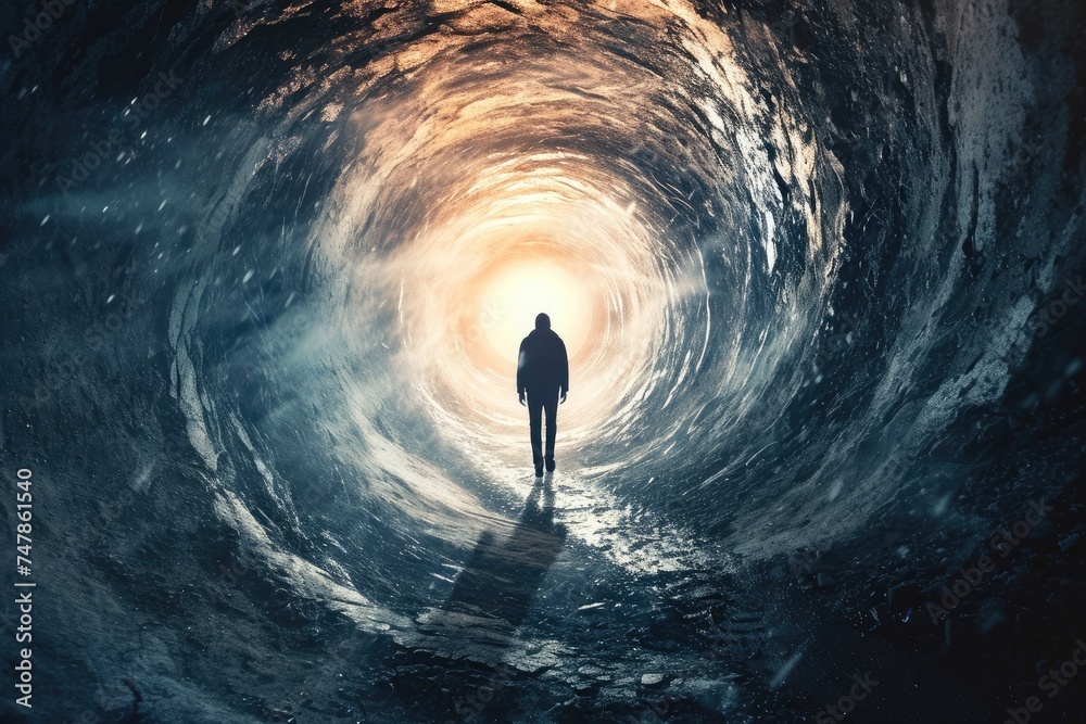 A man stands alone in the middle of a dark tunnel, holding a flashlight and illuminating the surroundings, Time traveller emerging from a large spiraling portal, AI Generated - obrazy, fototapety, plakaty 