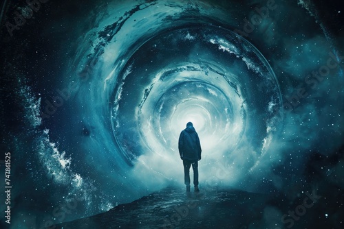 A man stands in the center of a dimly lit tunnel, his silhouette highlighted by a lone light source, Time traveller emerging from a large spiraling portal, AI Generated