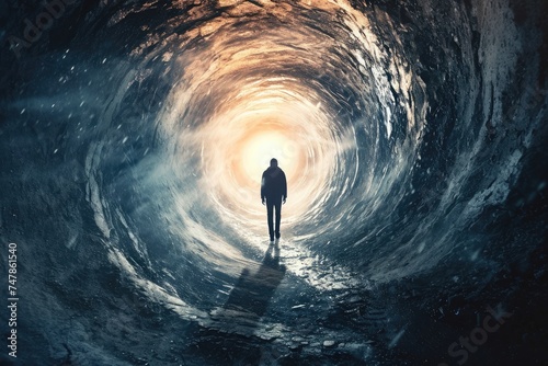 A man stands alone in the middle of a dark tunnel, holding a flashlight and illuminating the surroundings, Time traveller emerging from a large spiraling portal, AI Generated