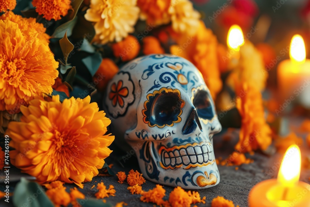 Decorated Skull Next to Flowers, Traditional Day of the Dead celebration with sugar skulls and marigold flowers, AI Generated