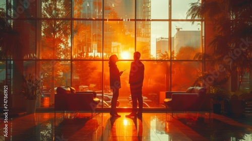 Businesswoman talking with a male colleague in an office lobby. Two businessmen discussing in the office lounge. photo