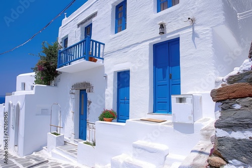 A photo of a white building featuring distinct blue doors and windows, Traditional Greek island houses with white walls and blue accents, AI Generated