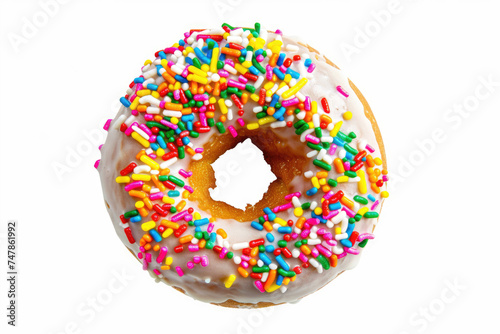 A glazed doughnut with colorful sprinkles, isolated on white