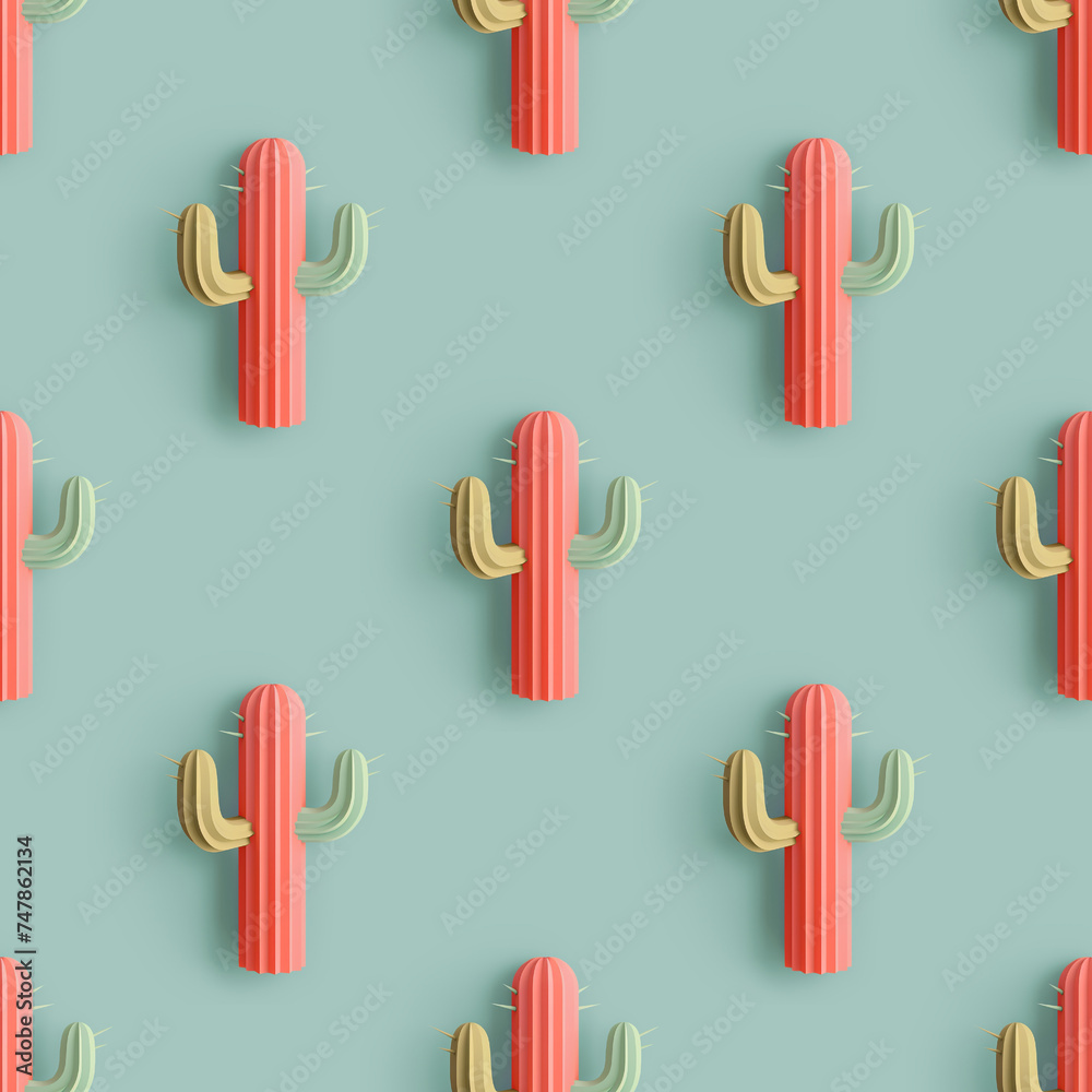 Fototapeta premium Seamless pattern with rows of cacti standing against mint background. Creative and trendy concept. 3d style print