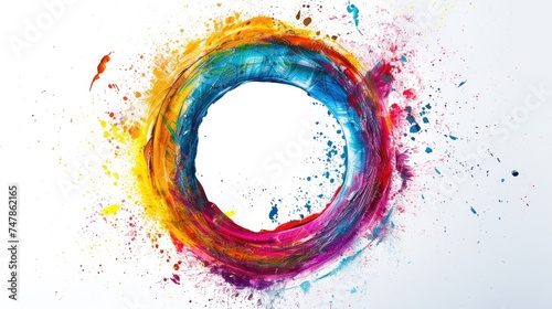 Vibrant splashes of rainbow colors form an artistic brush paint design, encapsulated within a round frame