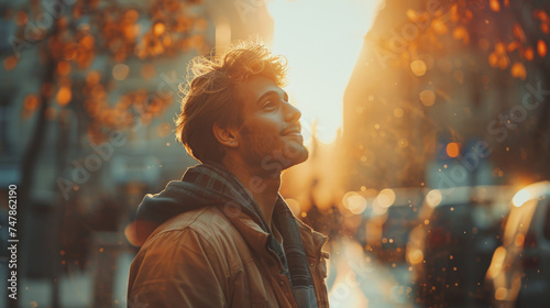 A stylish man stands facing the setting sun on an urban street, soaked in the golden hour light