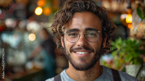 A young man with curly hair and glasses smiles warmly in an inviting café