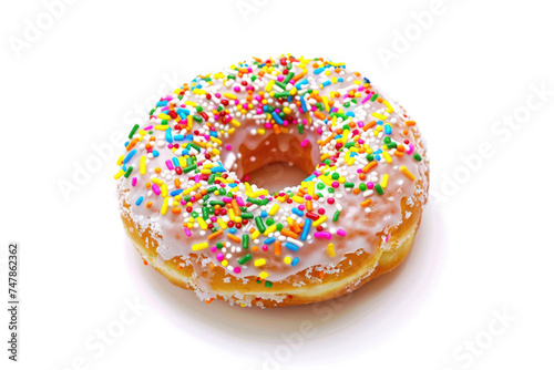 A glazed doughnut with colorful sprinkles, isolated on white