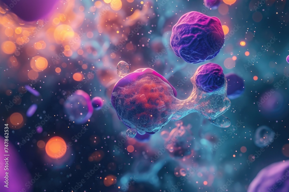 A group of purple and blue balls floating in the air, creating a vibrant and dynamic scene, Transformation of sick cells to healthy cells in abstract colors, AI Generated - obrazy, fototapety, plakaty 