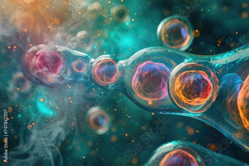 Clear bubbles of different sizes and shapes float in the air against a backdrop of a vibrant blue sky, Transformation of sick cells to healthy cells in abstract colors, AI Generated