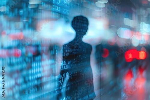 A person stands in front of a computer screen  captured in a blurry image  Transparent human figure with privacy information hidden within  AI Generated