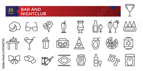 Set of Bar and Nightclub outline mixology icons. Minimalist thin linear web ui icon set. vector illustration.