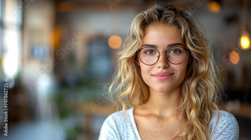 A portrait-style image capturing a blonde woman with her face blurred, creating a sense of mystery and anonymity in a cafe setting