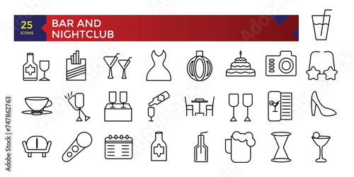 Set of Bar and Nightclub outline mixology icons. Minimalist thin linear web ui icon set. vector illustration.