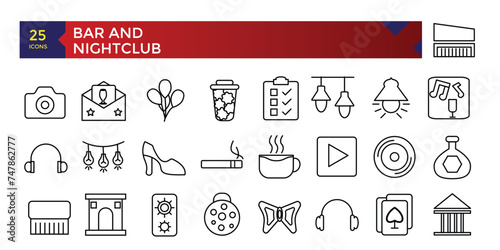 Set of Bar and Nightclub outline mixology icons. Minimalist thin linear web ui icon set. vector illustration.