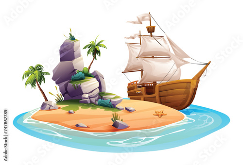 Tropical island with palm trees, rocks and wooden sailing ship. Vector cartoon illustration isolated on white background