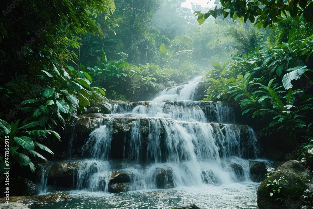 A small waterfall cascades through a lush forest, surrounded by tall trees and green foliage, Tropical rainforest with multi-level waterfall, AI Generated A small waterfall cascades through a lush forest, surrounded by tall trees and green foliage, Tropical rainforest with multi-level waterfall, AI Generated