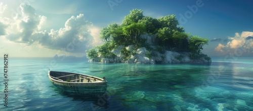 A small boat peacefully floats on the calm waters surrounding an isolated tropical island. The lush vegetation of the unpopulated isle can be seen in the background, with a coral reef encircling the
