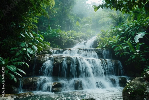 A small waterfall cascades through a lush forest, surrounded by tall trees and green foliage, Tropical rainforest with multi-level waterfall, AI Generated © Iftikhar alam