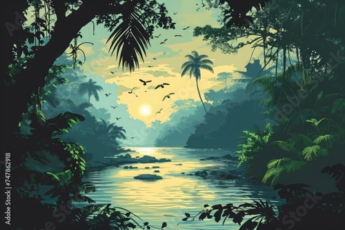 In this painting, a river cuts through a landscape filled with trees, creating a striking natural scene, Tropical river with animal silhouettes in the rainforest, AI Generated © Iftikhar alam
