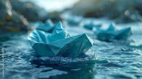 Leading a fleet of small white boats around rocks in rough water - Leadership Concept