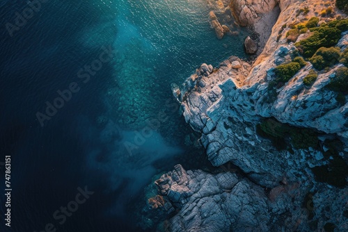 Aerial View of a Clear and Expansive Lake Surrounded by Dense Forest, Twilight touching the sea waters and jagged rocks from an aerial perspective, AI Generated