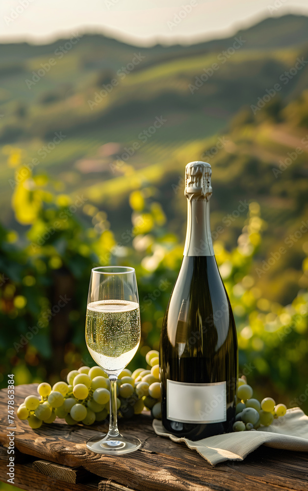 A bottle of Prosecco wine, blank label, with glass of Prosecco wine on a wooden table with bunches of grapes and on the background vineyards and hills. Natural soft and warm lighting
