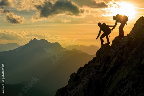 A couple of climbers ascending the steep granite face of Mount Everest, showcasing their determination and skills, Two adventurers, one helping the other to reach the mountain crest, AI Generated © Iftikhar alam