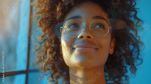 A close-up portrait of a young curly-haired woman with glasses, bathed in golden sunlight