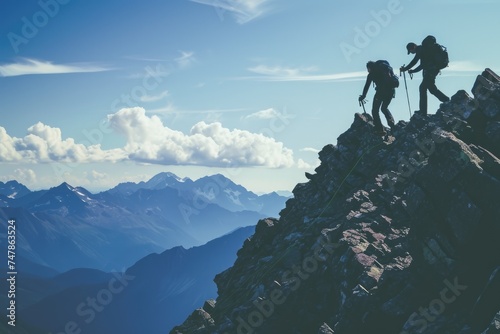 A couple of adventurers proudly stand on top of Mount Everest, the worlds highest peak, Two companions hiking, with one helping the other to scale a mountain, AI Generated