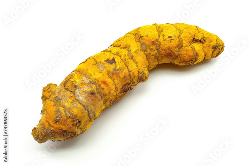 A fresh turmeric root, vivid and earthy, on a white background