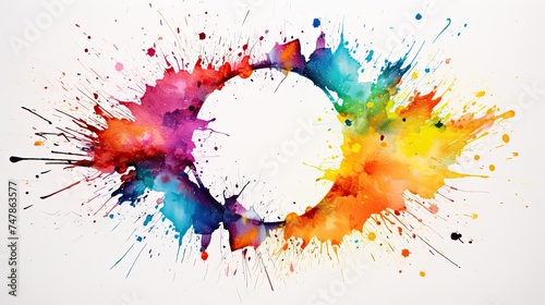 Fototapeta Naklejka Na Ścianę i Meble -  In a riot of hues, bright rainbow splatters intertwine to form an artistic brush paint design framed within a circular boundary.